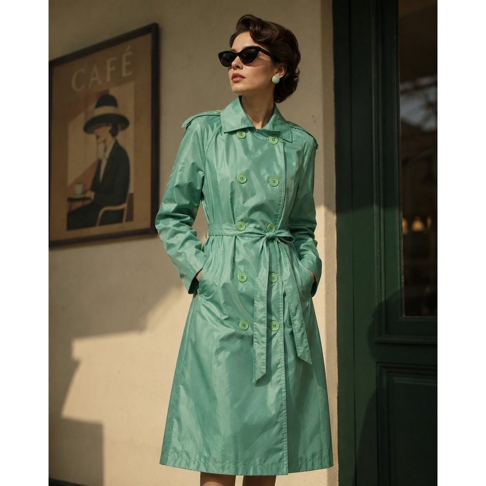 Vintage Alligator Original Green Nylon Taffeta Hooded Trench Rain Coat Size 8